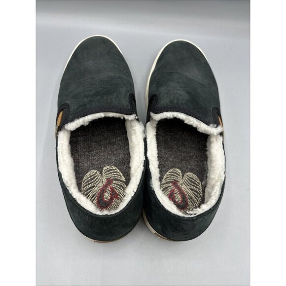 Olukai Pehuea Heu Womens Sz‎ 7 Black Leather Shearling Slip On Loafers Casual - Picture 4 of 8